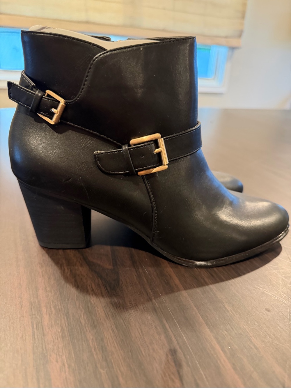 Bass Black Ankle Boot with Gold Buckle Accent